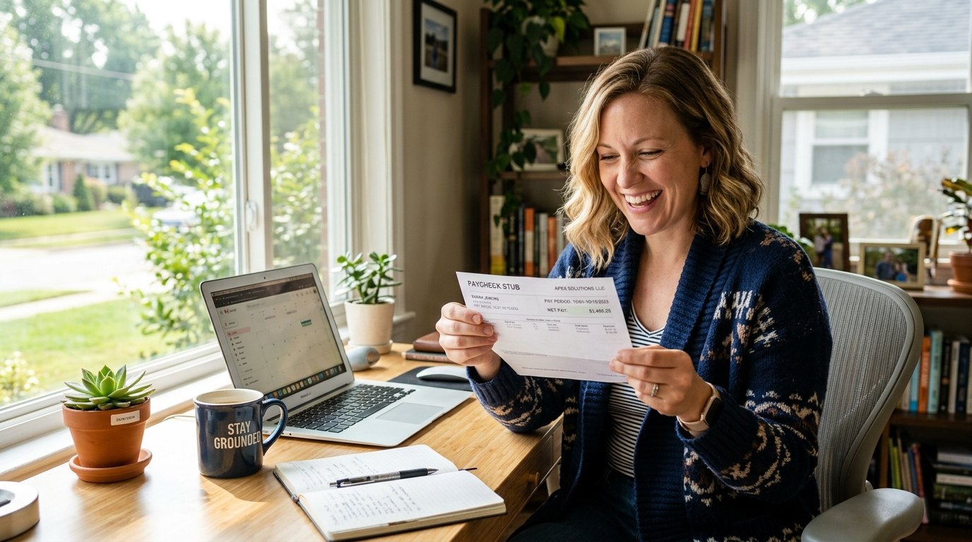 A smiling worker reviewing a paycheck stub at a home desk next to a laptop